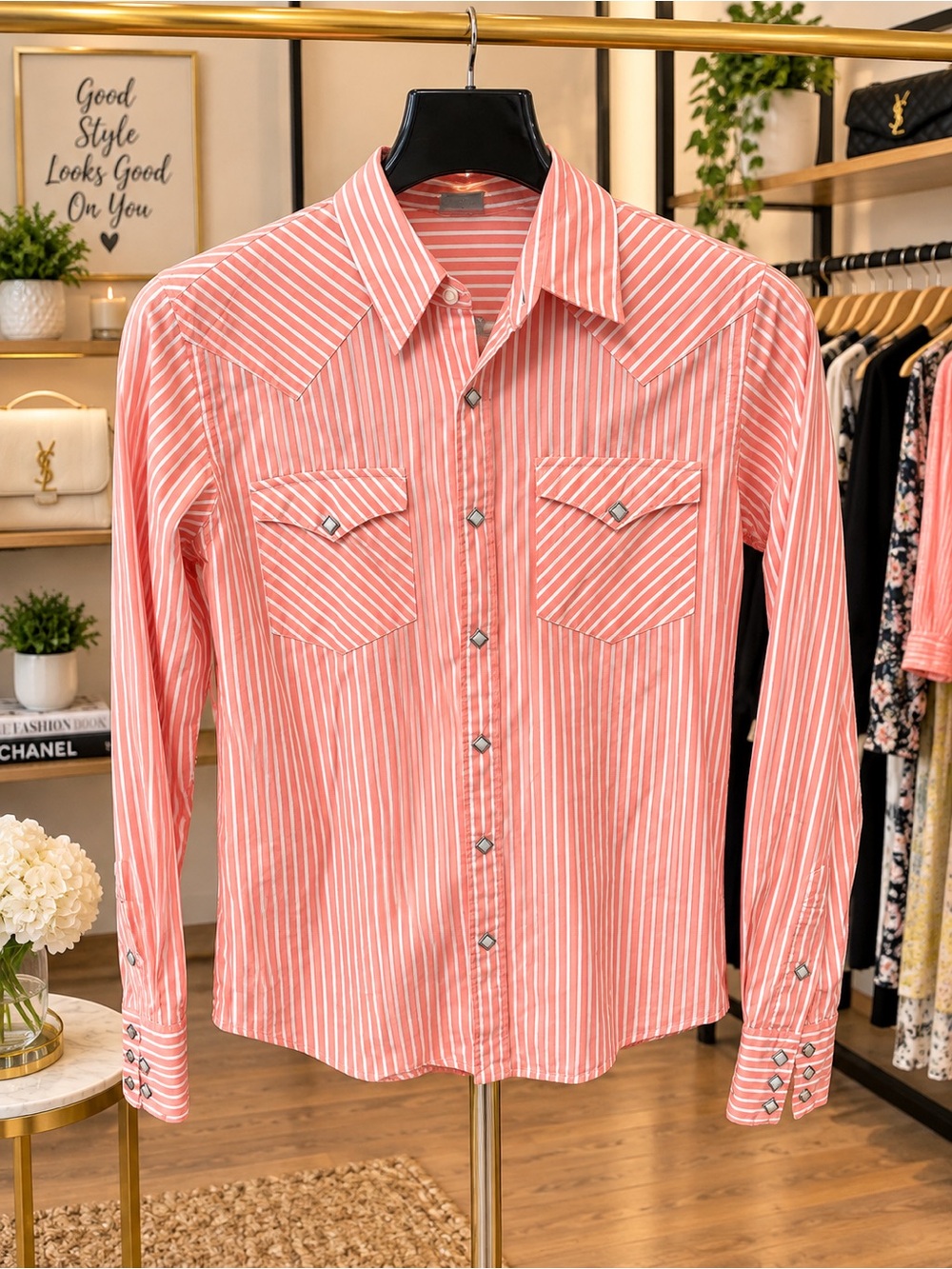 Ralph Lauren Coral and White Striped Western Shirt